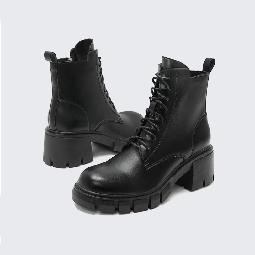 High-heeled block-heeled lace-up platform ankle boots