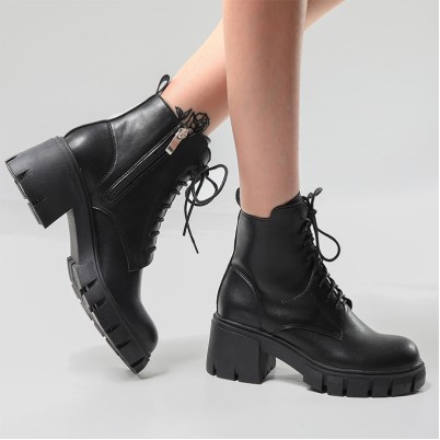 High-heeled block-heeled lace-up platform ankle boots