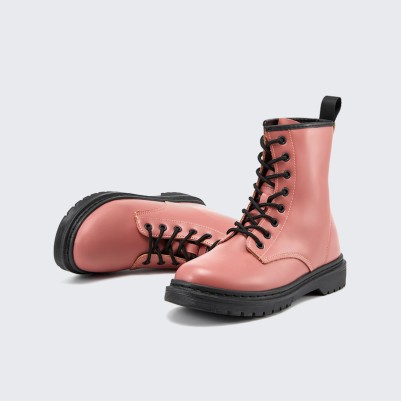 Waterproof pink PU lace-up women's ankle boots