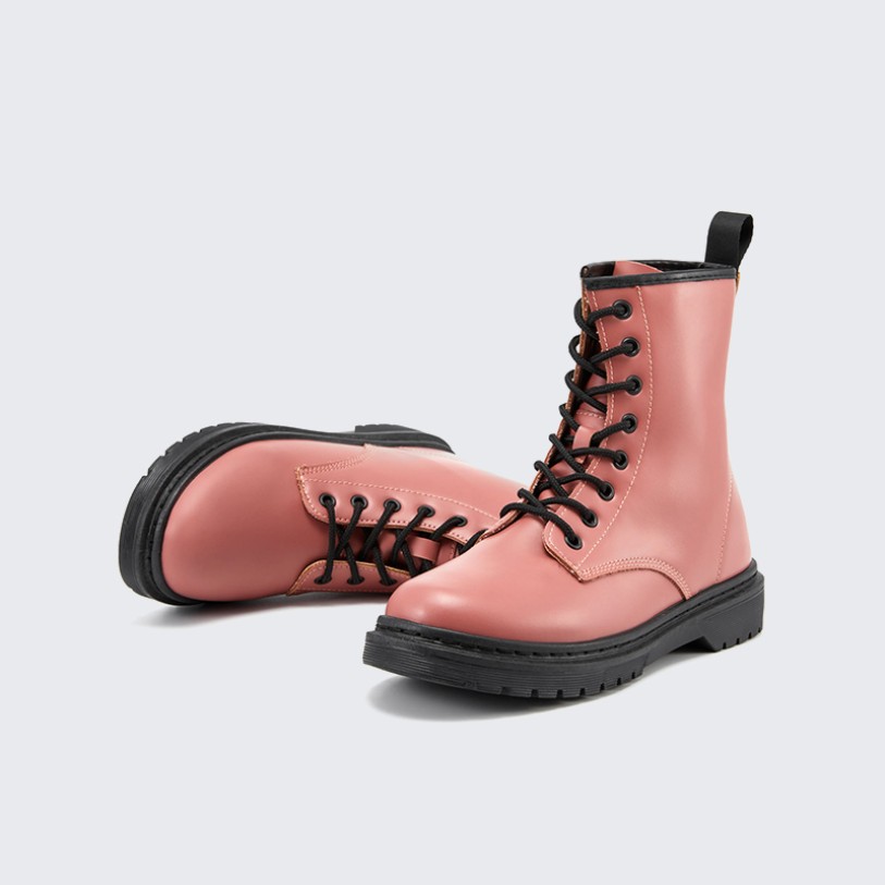 Waterproof pink PU lace-up women's ankle boots