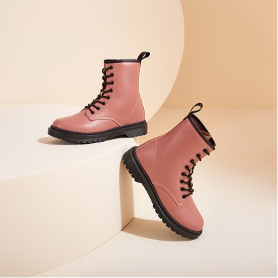 Waterproof pink PU lace-up women's ankle boots