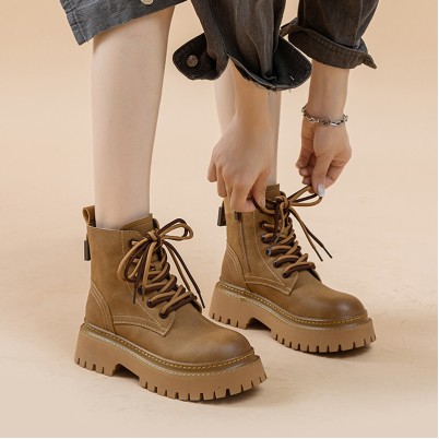 Genuine leather platform ankle boots in British style