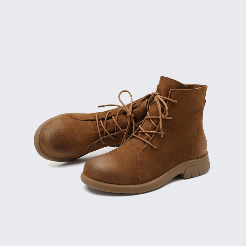 Brown leather and fur-lined warm ankle boots