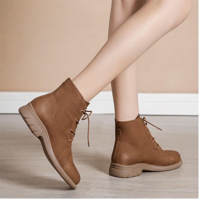 Brown leather and fur-lined warm ankle boots