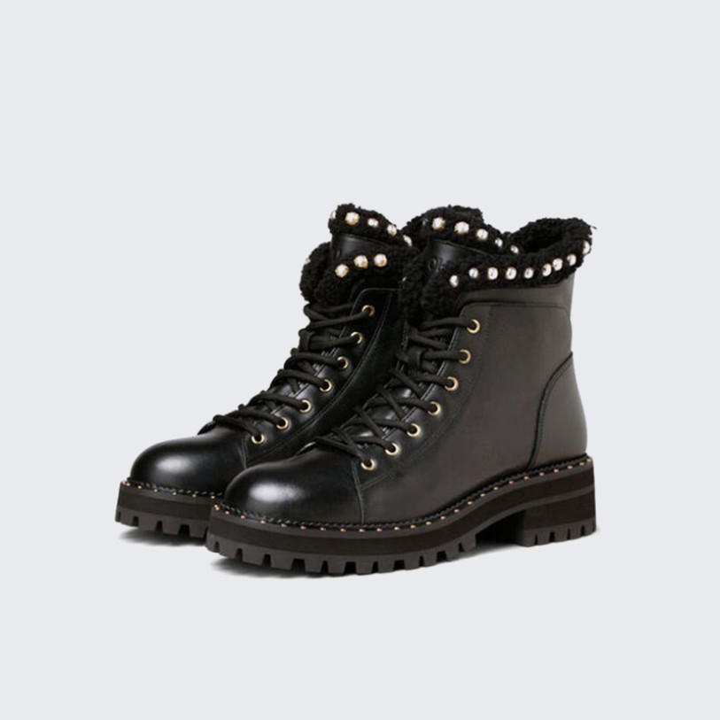 Apricot-colored genuine leather lace-up Martin boots