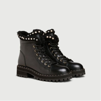 Apricot-colored genuine leather lace-up Martin boots