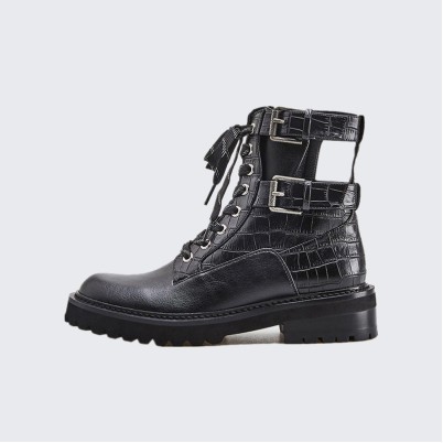 Black crocodile-embossed combat lace-up ankle boots