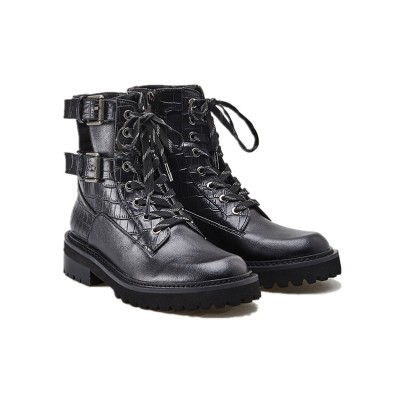 Black crocodile-embossed combat lace-up ankle boots