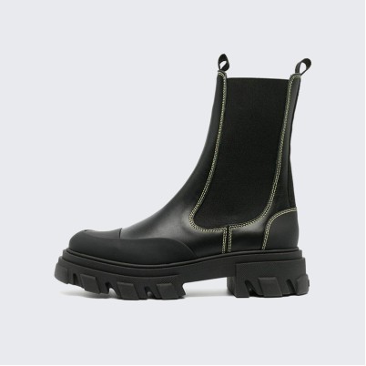 Black genuine leather flat ankle boots for women