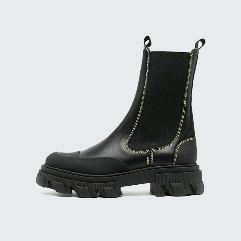 Black genuine leather flat ankle boots for women