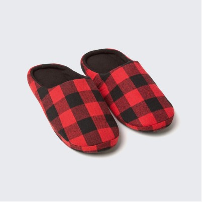 Checked pattern coral fleece memory foam home slippers
