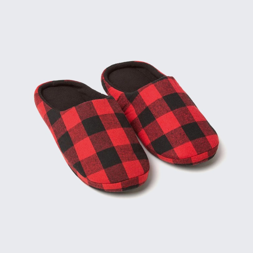 Checked pattern coral fleece memory foam home slippers