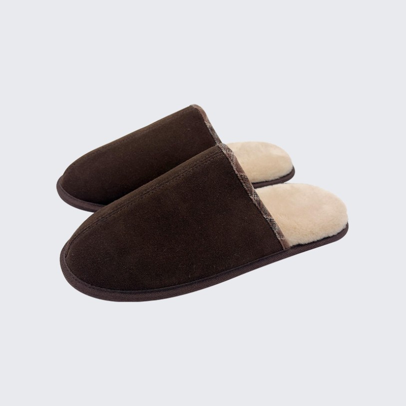Checked genuine leather and suede mule slippers