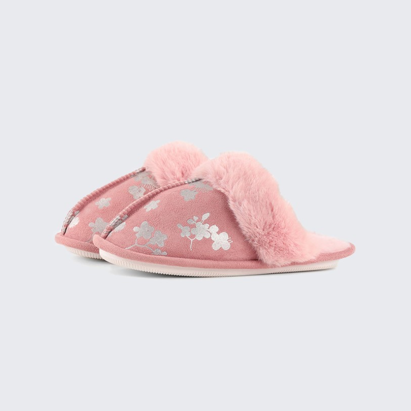 Floral print warm and fluffy indoor mule slippers