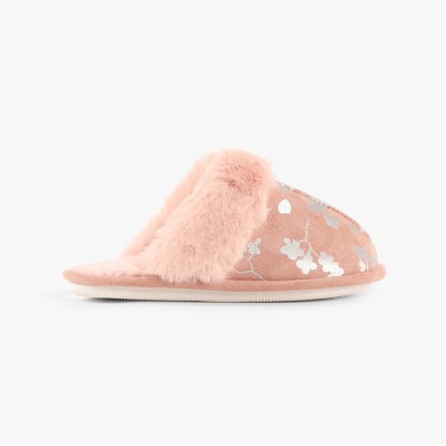 Floral print warm and fluffy indoor mule slippers