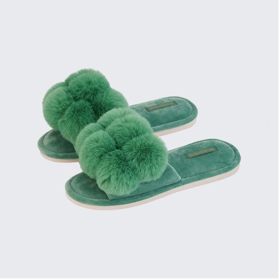 Pom-pom fluffy memory foam open-toe slippers