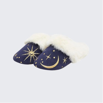 Embroidered thick plush indoor mule slippers
