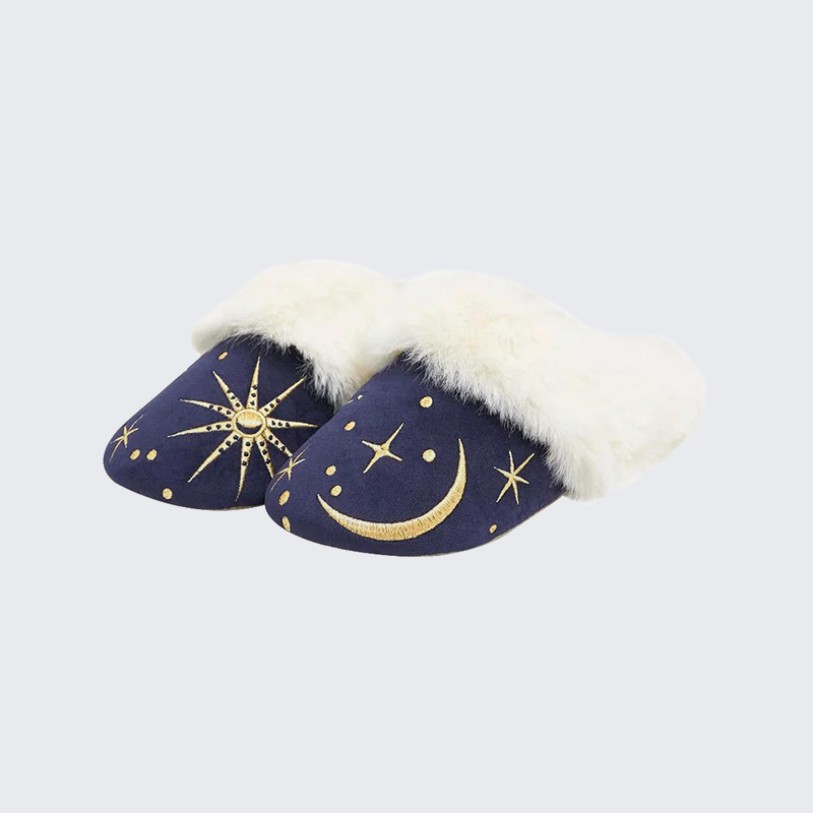 Embroidered thick plush indoor mule slippers