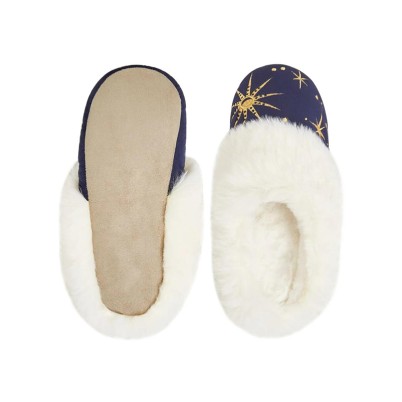 Embroidered thick plush indoor mule slippers