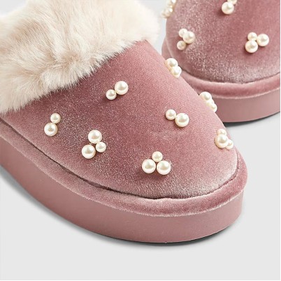Velvet mule slippers embellished with pearls