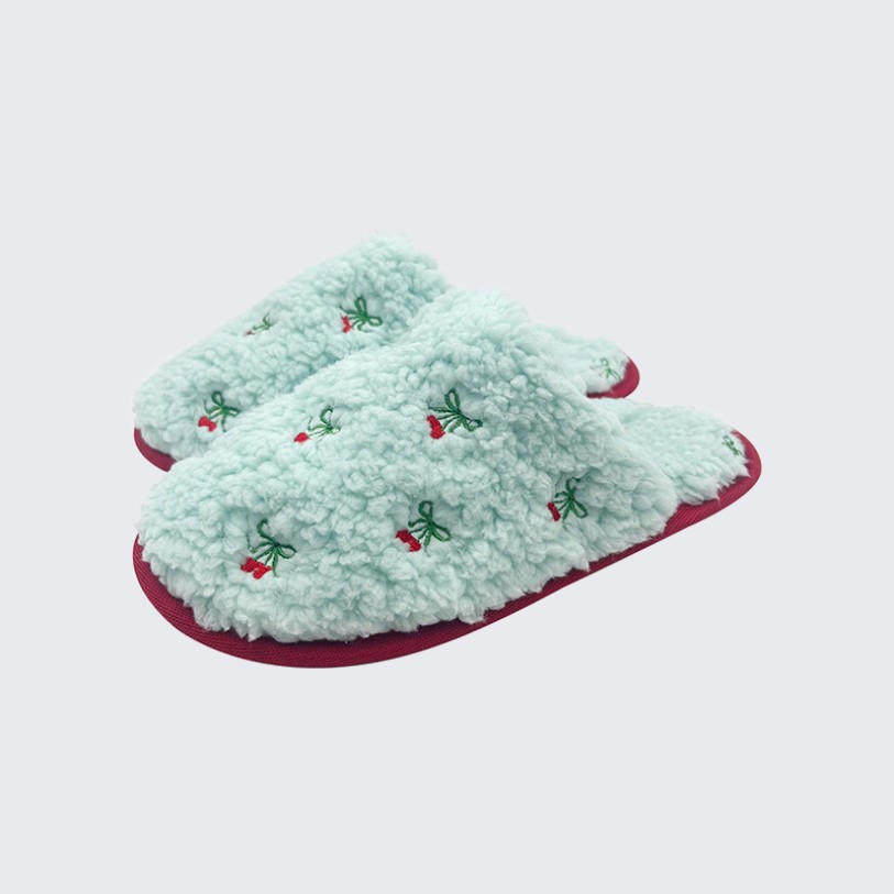 Cherry embroidered wool fleece indoor mule slippers
