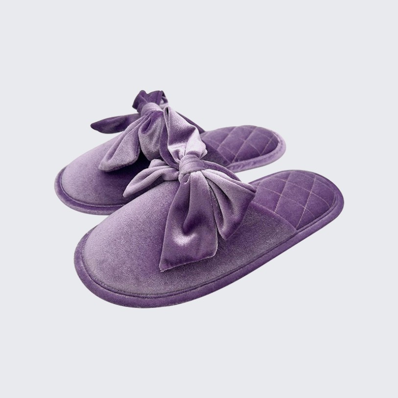 Bowknot diamond-quilted velvet mule slippers