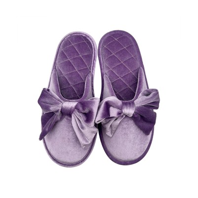 Bowknot diamond-quilted velvet mule slippers