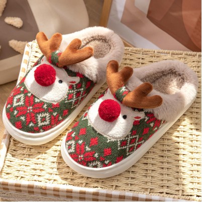 Reindeer embroidered memory foam house slippers