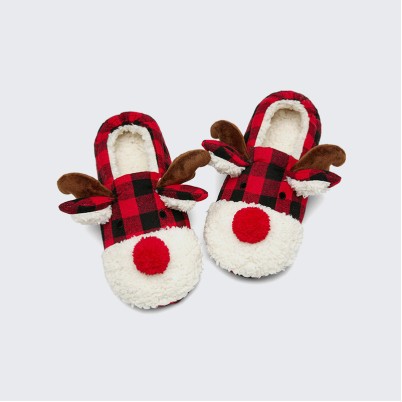 Reindeer plaid plush indoor warm slippers