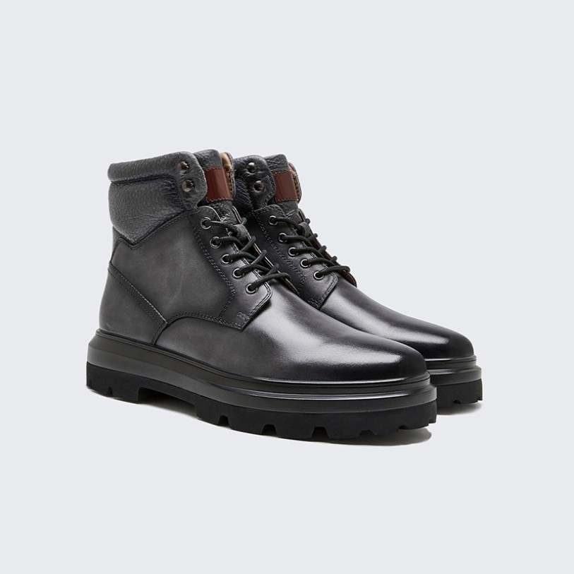 Rolled leather lace-up ankle boots